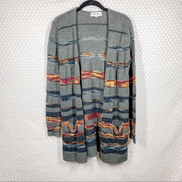 Knox Rose Sweaters - Knox Rose Grey Metallic Striped Knit Pocket Cardigan